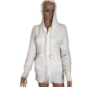BCBG Maxazria white furry fuzzy zip up with Pom Pom hood pulls SZ SM Teddy